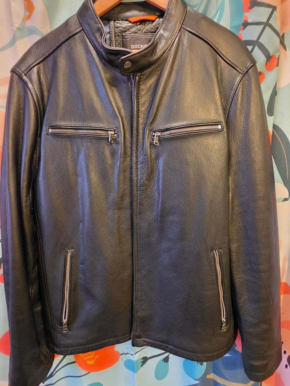 Dockers Black Leather Moto-Style Zip Jacket